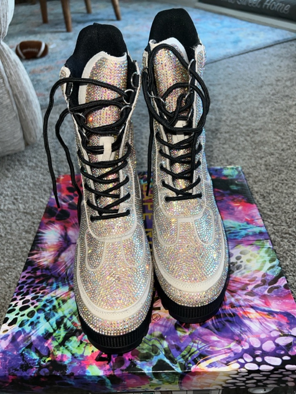 Cape Robbin Iridescent Rhinestone Lace-Up Combat Boots - Black Accents